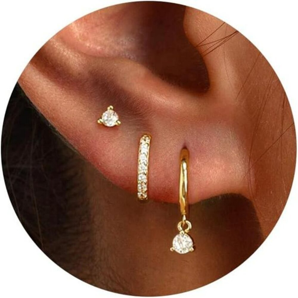 Gold Hoop Earrings Set 14K Plated Small Huggie Stud Dangle Hypoallergenic
